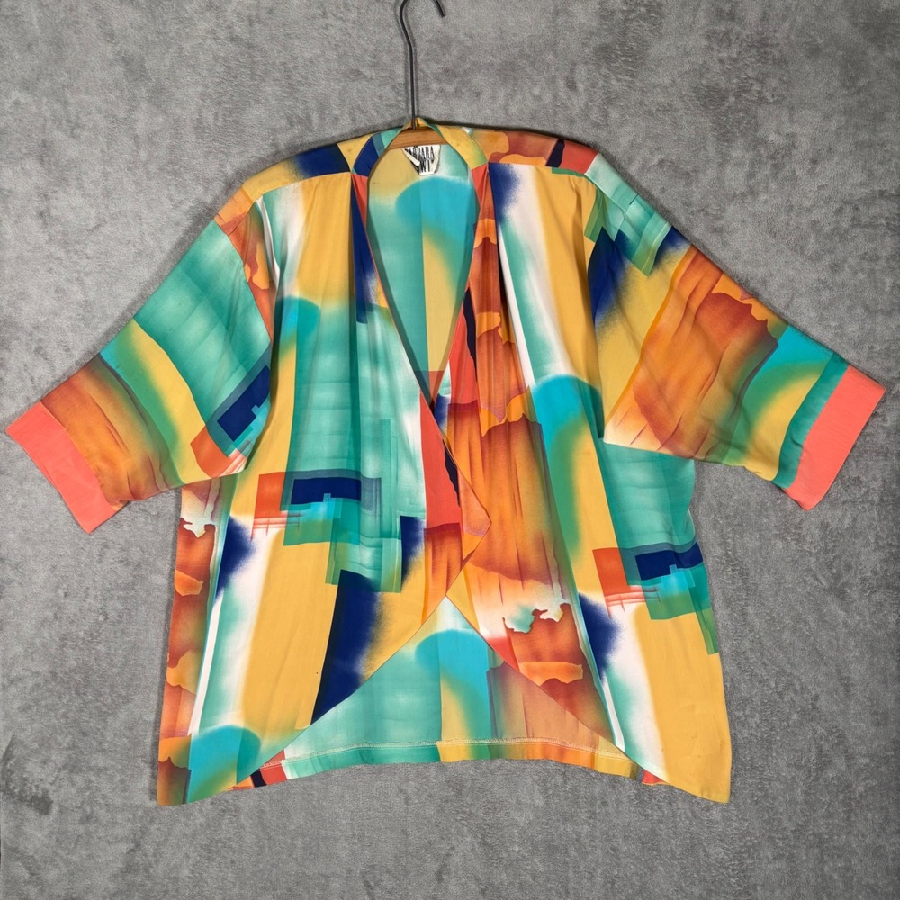 Barbara Gerwit Vintage Abstract Art Print Kimono Cardigan Open Front Top USA XL